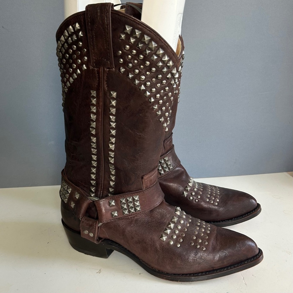 Frye Harness Western Moto Boots size 9 Brown Studded Billy 76177 Rodeo Festival